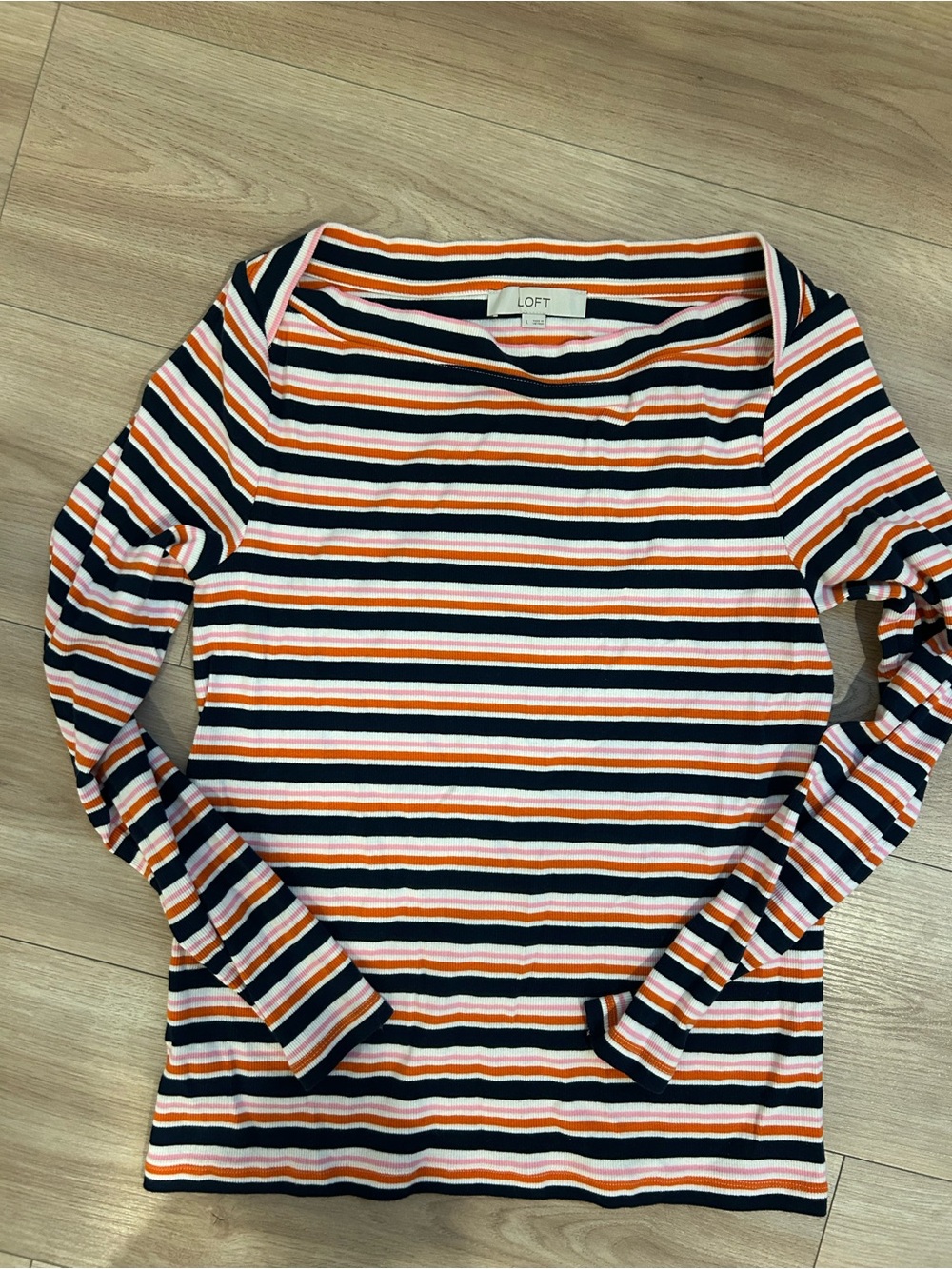 LOFT Navy, Orange & White Striped Long Sleeve Top